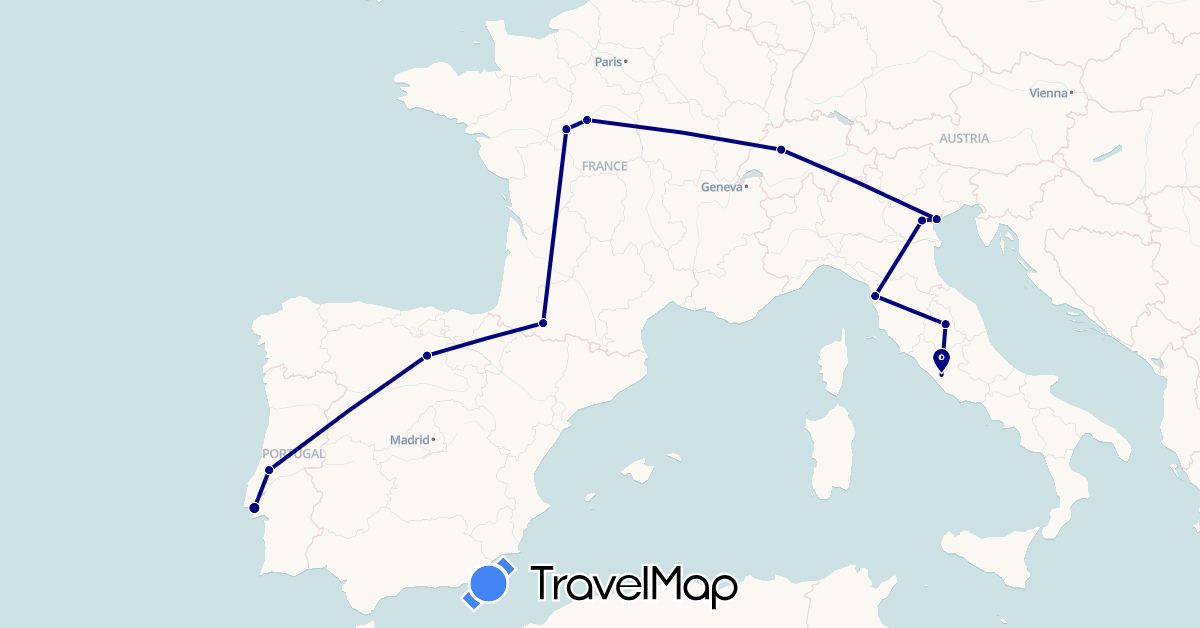 TravelMap itinerary: driving in Switzerland, Spain, France, Italy, Portugal (Europe)