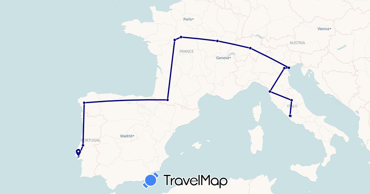 TravelMap itinerary: driving in Switzerland, Spain, France, Italy, Portugal, Vatican City (Europe)
